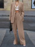 Piece Sets Womens Outifits ZANZEA Spring Urban Tracksuit Elegant Blazer Suits Fashion Long Sleeve Tops Wide Leg Pants