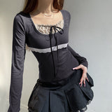 Lace Stitching Bow Patchwork Long Sleeve Tee-Outfit