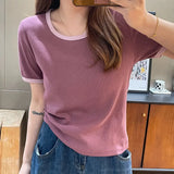 Color Threaded Round Collar Short-Sleeved T-Shirt Women's New Slim And Unique Chic Blouse In Spring And