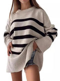 Fongt Autumn And Winter Women's Clothing Jacket Loose Round Collar Bump Color Knitted Striped Sweater Woman