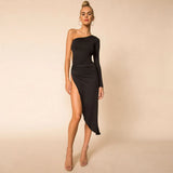Fongt Women's Solid Color One Shoulder Long Sleeve Sexy Side Hollow Out Slit