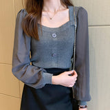 Fongt Bubble Sleeves Women's Long Sleeve Spring New Square Collar Knitted Shirt Dress Jacket Coat Jacket