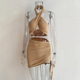 Skirts Womens Outfit 2021 Summer Sexy Dress Sets Halter Soft Crop Top Drawstring Off Shoulder Lady Snug Two Piece