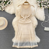 Fongt Summer High-End Sense Temperament Round Recipient Waist Thin A-Word Mesh Splicing Knitted Vest Dress