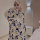 Fongt Summer Women's Long-Sleeved Print Robes Waist Temperament Fashion Dress