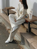 Sweaters Two-piece Hem Slit O-Neck Pullover Elegant Women's Sets Fashion Straight Wide Leg Pants Suits for Women