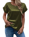 Women's Short-Sleeved Satin Shirt Loose Casual Round-Collar Satin T-Shirt Women's Spring / Summer 2024 New Style-Outfit