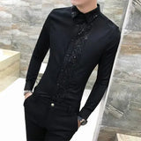 New Shirt Men High Quality Lace Patchwork Long Sleeve Slim Fit Tuxedo Shirt Casual Solid Hairstylist Work Shirts For