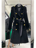 QUALITY Newest Fashion 2023 Designer Overcoat Women's Double Breasted Plaid Belted Velvet Long