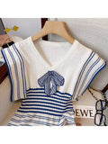 Elegant V-neck Bow Striped High Waist Slim Mini Dress Women's Spring Sleeveless Contrast Stripe Knitted Female