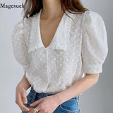 Summer Hollow Flower Lace Blouse Women Korean Chic Puff Short Sleeve Woman Shirt Peter Pan Collar Solid Loose Tops