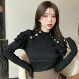 Sleeve Turtleneck Buttons Sweater Jumpers Girls Stretchy Chic Ruffles Autumn Spring Sweaters Pullovers Tops Women-Outfit