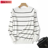 Sleeve Knit Pullover Tops Women Spring Summer Stripe Tshirts Korean White Black Knitwear Jumper Tee New