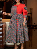 Fongt Women's New Fashion Elegant Round Neck Seven-Sleeve Print Spliced African Dress