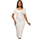 Fongt Elegant Square Collar Lotus Leaf-Side Dress Banquet Temperament Flower High-Waisted Hip Dress Dresses