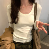 Shoulder Long-Sleeved T-Shirt A New Autumn Style Slim Knitted Bottomed Shirt With Solid Color Underwear-Outfit