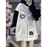 Grunge Black White Patchwork Oversize Sweatshirts Women Gothic Streetwear Print Hoodies Female Pockets Zip Up