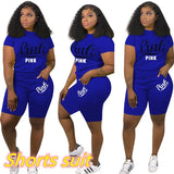 Summer Tracksuit Set Pink Letter Print Top + Biker Shorts Suits Bodycon Casual Two Piece Set Sport Outfits