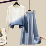 Women Autumn Winter Warm Knitted Two Pieces Sets Korean Long Sleeve Pullover Sweater Top And High Waist Knitting Skirts