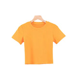 Trendy Women's T-Shirt Summer New Round-Neck Short-Sleeved Solid Color Short Navel Slim Pullover-Outfit