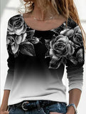 Long Digital Printing Sleeve Loose Neck Casual Pullover Print