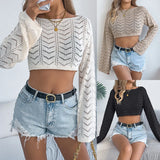Fongt And Summer Solid Color Hollow Horn Sleeve Leisure Loose Knitted Shirt Holiday Umbilly Tops Women's Clothing