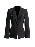 Fongt Temperament Casual Small Suit Female 2024 Spring New Fashion V Collar Long Sleeve Design Feeling Small Black Coat-Outfit