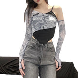 Fongt 2023 New Women's Fashion Print Irregular Sexy Open Shoulder False Two Long-Sleeved Women-Outfit