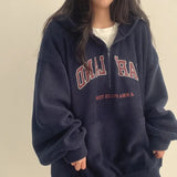 Vintage Embroidery Letter Half Zip Up Hoodie-Outfit