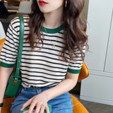 Silk Short-Sleeved Sweater Women's Thin Striped T-Shirt Large Size Korean Version Bottom Summer Half-Sleeved Chic Blouse-Outfit