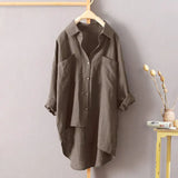 Fongt Women's Casual Wind Solid Color Shirt Autumn Cotton And Linen Cardigan Double Pocket Long Sleeved Top 7 Color Size