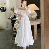 2022 New Arrival White Jacquard Summe Dress Vintage Elegant Puff Sleeve Casual Sexy Slash Collar Long Dress