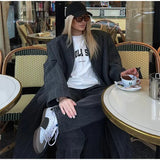 Grey Stripes Trench Long Coat-Outfit
