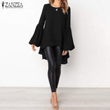Blouse ZANZEA Autumn Crew Neck Lantern SleeveShirt Casual Solid Blusas Femininas Long Tops Tunic Asymmetrical Hem
