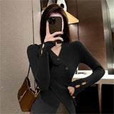 Fongt 2023 Pure And Slim V Neck Sweater Cross A4 Waist Slim Slit Sleeve Knit Long Sleeve Inside-Outfit