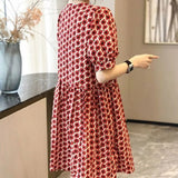 Lady Flowers Printed Elegant V-Neck Casual Dresses Women's Stylish Puff Sleeve Single-breasted Summer A-Line Midi Dress-Outfit