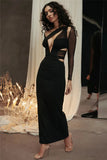 Mesh Long Sleeve Bodycon Deep Neck Maxi Dress-Outfit