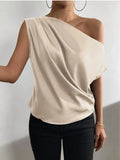 2024 Pure Satin Imitation Silk Irregular Sloping Shoulder Collar Sleeveless Shirt Women's Dress-Outfit