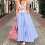 Blue Stripe Lace Trim Crop Top And Long Skirt Set-Outfit