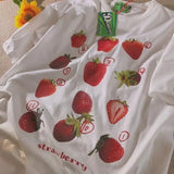 Strawberry Print Shirts for Women Aesthetic Cartoon O-neck Casual Teens Clothes Japanese Fashion Streetwear Woman Tshirts-Outfit