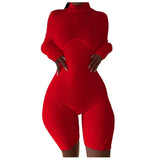 2021 New Arrival Women's Spring Sexy Solid Color Shorts Suit Tight Casual High Cllar Long Sleeve One