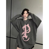 Gothic Y2K Grey Sweater Women Grunge Harajuku Oversize Distressed Pullover Jerseys Kpop Hippie Streetwear Knitted