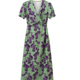 Fongt Women's Clothing Explosion V-Neck Short-Sleeved Wrinkled Print Dress