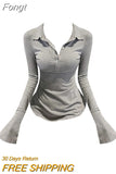 Sexy Club Slim T Shirt Women Lapel Collar Tees Womens Clothing Cotton Long Sleeve Korean Casual Fashion Tops 2023