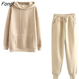 and Winter 2023 New Hooded Sweater Plush Thickened Two-piece Loose Pants Hooded Sweatshirts Women's Tracksuit Female