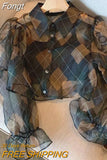 French Style Women Chiffon Blouse Vintage Plaid Long Sleeve 2 Piece Summer Tops Elegant Office Ladies Shirts