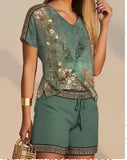 Fongt Summer Women's Casual Fashion Print Comfortable V-Neck Top Shorts Two-Piece