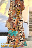 Casual Women Summer V Neck Dress Elegant Femme Long Sleeve Holiday Beach Dress Vintage Leopard Print Maxi Dress