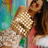 Sexy Shiny Sequin Beach Tank Tops Women Fashion Sequined Tassel Halter Backless Crop Top Festival Hollow Out