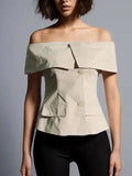 Fongt Socialite Light Ripe Wind Autumn 2024 New One-Line Collar Open Shoulder Splicing Design Slim Suit Jacket-Outfit
